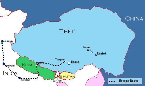 Itinéraire de l'évasion du Tibet vers l'Inde